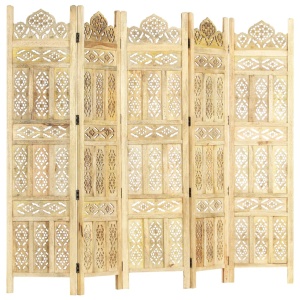 Paravan cameră sculptat manual 5 panouri 200x165 cm mango - Img 8