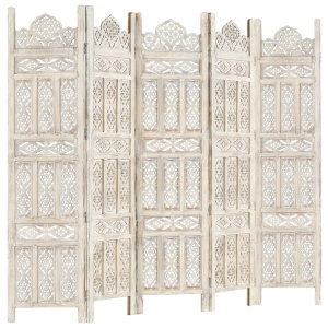Paravan cameră sculptat manual 5 panouri alb 200x165 cm mango - Img 7
