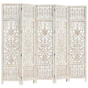 Paravan cameră sculptat manual 5 panouri alb 200x165 cm mango - Img 5