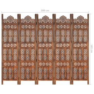 Paravan cameră sculptat manual 5 panouri maro 200x165 cm mango - Img 9
