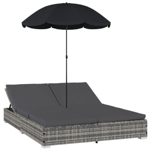 Pat șezlong de exterior cu umbrelă, gri, poliratan - Img 2