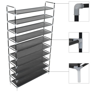 Raft pantofi 10 etajere, Metal și material textil nețesut Negru - Img 3