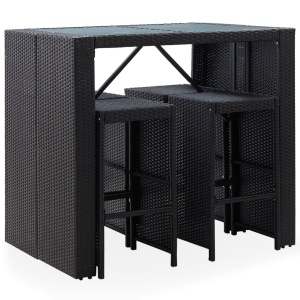 Set de bar de exterior, 5 piese, negru, poliratan și sticlă - Img 2