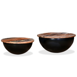 Set măsuțe cafea 2 piese, lemn masiv reciclat, negru, formă bol - Img 8