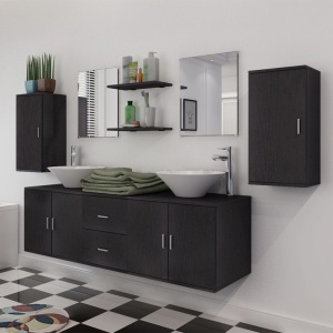 Set mobilier baie 11 piese cu chiuvete și robinete incluse, Negru - Img 3