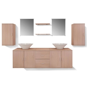 Set mobilier baie format din 9 piese cu chiuvete incluse, Bej - Img 6