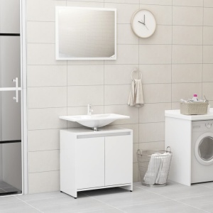 Set mobilier de baie, 3 piese, alb extralucios, PAL - Img 4