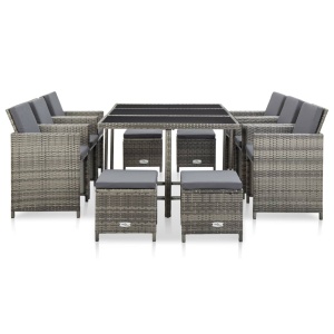 Set mobilier de exterior cu perne, 11 piese, gri, poliratan - Img 2