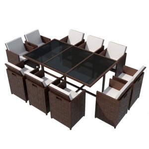 Set mobilier de exterior cu perne, 11 piese, maro, poliratan - Img 2