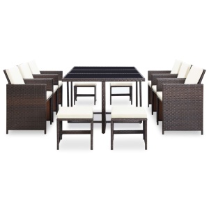 Set mobilier de exterior cu perne, 11 piese, maro, poliratan - Img 2