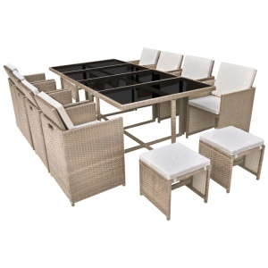 Set mobilier de exterior cu perne, 13 piese, bej, poliratan - Img 2