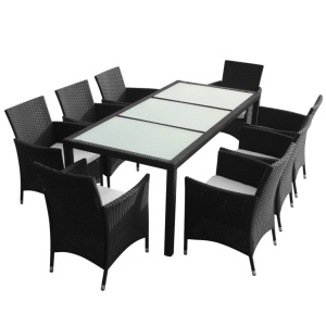 Set mobilier de exterior cu perne, 9 piese, negru, poliratan - Img 2