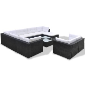 Set mobilier de grădină cu perne, 10 piese, negru, poliratan - Img 4