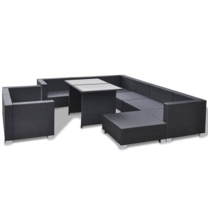 Set mobilier de grădină cu perne, 10 piese, negru, poliratan - Img 8