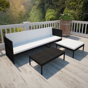 Set mobilier de grădină cu perne, 3 piese, negru, poliratan - Img 3