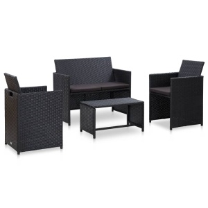 Set mobilier de grădină cu perne, 4 piese, negru, poliratan