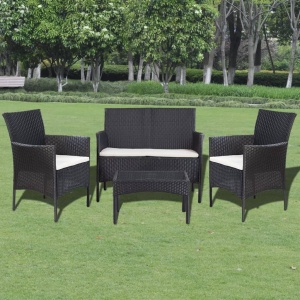 Set mobilier de grădină cu perne, 4 piese, negru, poliratan - Img 2