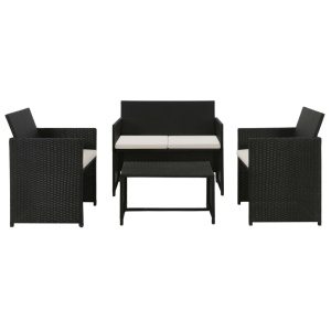 Set mobilier de grădină cu perne, 4 piese, negru, poliratan