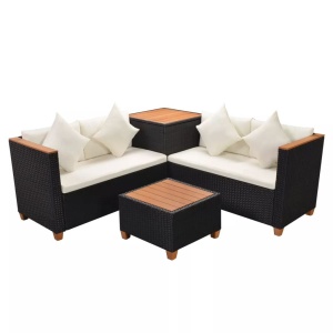 Set mobilier de grădină cu perne, 4 piese, negru, poliratan - Img 4