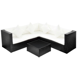 Set mobilier de grădină cu perne, 4 piese, negru, poliratan - Img 2