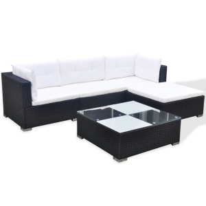Set mobilier de grădină cu perne, 5 piese, negru, poliratan - Img 4