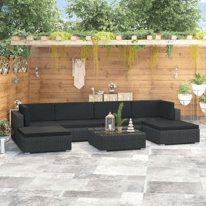 Set mobilier de grădină cu perne, 7 piese, negru, poliratan
