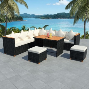 Set mobilier de grădină cu perne, 7 piese, negru, poliratan