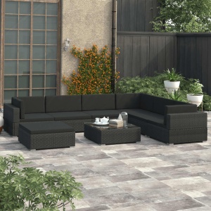 Set mobilier de grădină cu perne, 8 piese, negru, poliratan