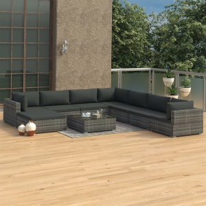 Set mobilier de grădină cu perne, 9 piese, gri, poliratan