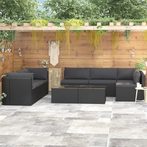 Set mobilier de grădină cu perne, 9 piese, negru, poliratan