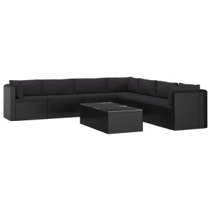Set mobilier de grădină cu perne, 9 piese, negru, poliratan - Img 3