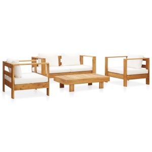 Set mobilier grădină cu perne, 4 piese, crem, lemn masiv acacia