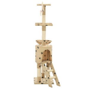 Ansamblu pisici stâlpi funie sisal, 138 cm imprimeu lăbuțe, bej - Img 4