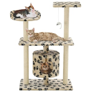 Ansamblu pisici, stâlpi funie sisal, 95 cm imprimeu lăbuțe Bej