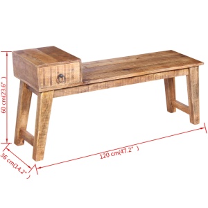Bancă cu sertar lemn solid de mango, 120 x 36 x 60 cm - Img 9