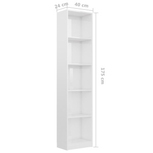 Bibliotecă cu 5 rafturi, alb lucios, 40 x 24 x 175 cm, PAL - Img 5