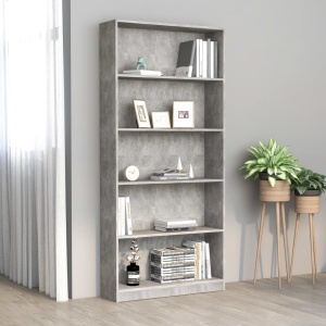 Bibliotecă cu 5 rafturi, gri beton, 80 x 24 x 175 cm, PAL