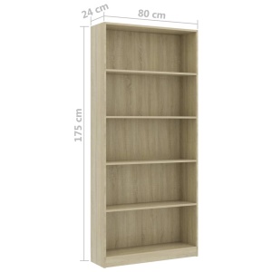 Bibliotecă cu 5 rafturi, stejar Sonoma, 80 x 24 x 175 cm, PAL - Img 5