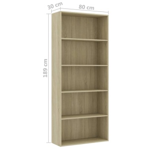 Bibliotecă cu 5 rafturi, stejar Sonoma, 80 x 30 x 189 cm, PAL - Img 5