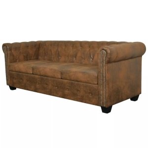 Canapea Chesterfield din piele artificială, 3 locuri, maro - Img 4
