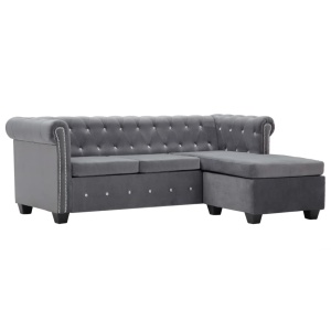 Canapea Chesterfield, formă L, catifea, 199 x 142 x 72 cm, gri