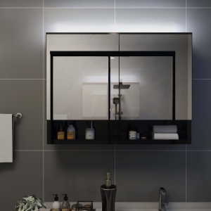 Dulap de baie cu oglindă și LED-uri, negru 80 x 15 x 60 cm MDF - Img 3