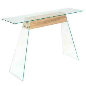Masă consolă, sticlă și MDF, 120x30x76 cm, culoare stejar