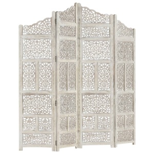 Paravan cameră sculptat manual, 4 panouri, alb 160x165 cm mango - Img 7