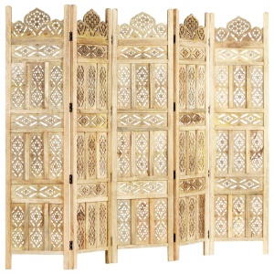 Paravan cameră sculptat manual 5 panouri 200x165 cm mango - Img 7