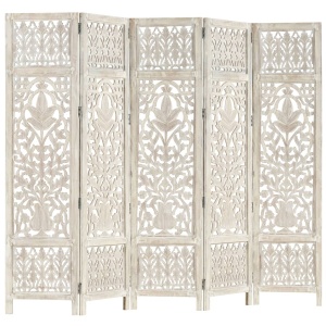 Paravan cameră sculptat manual 5 panouri alb 200x165 cm mango - Img 6