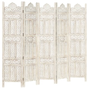 Paravan cameră sculptat manual 5 panouri alb 200x165 cm mango - Img 10