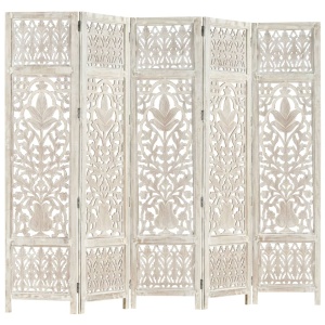 Paravan cameră sculptat manual 5 panouri alb 200x165 cm mango - Img 10