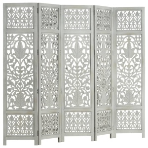 Paravan cameră sculptat manual 5 panouri gri 200x165 cm mango