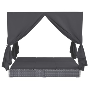 Pat șezlong de exterior cu perdele, gri, poliratan - Img 2